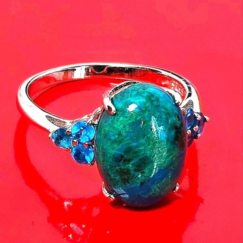 925 Sterling Silver Ring SZ 8 with Natural 13x10mm Chrysocolla & Apatite Gems